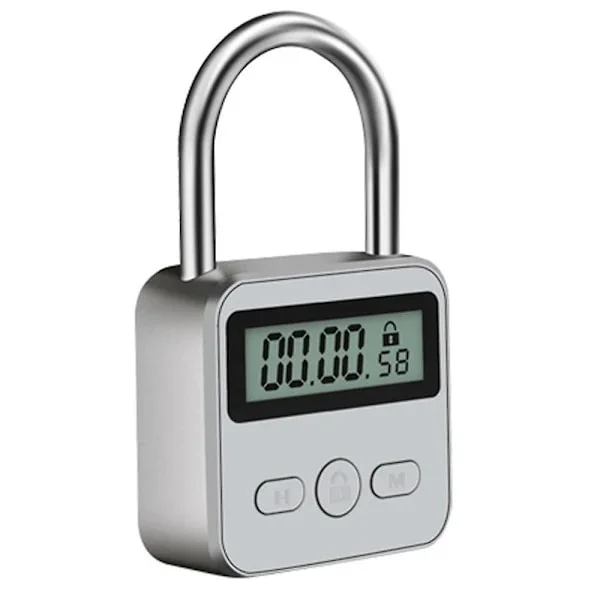 Metallås med timer, LCD-skærm, multifunktionel elektronisk tid, 99 timer maks. timer, USB-genopladelig hængelås, sølv