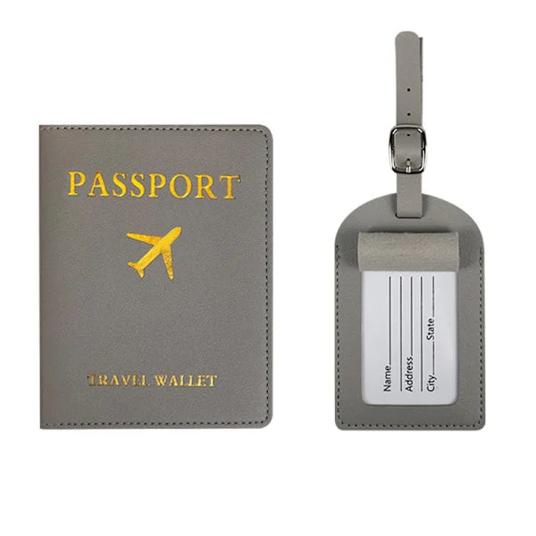 Black Passport Holder Luggage Tag Set - PU Leather Travel Wallet and ID Tag for Airport Security and Personal Travel Gear Grey Grey