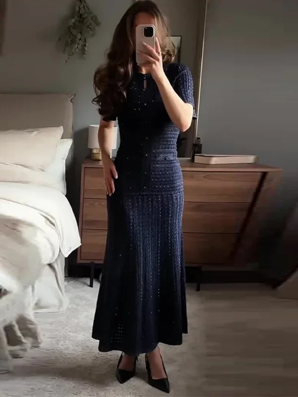 AliExpress - Elegante uitgeholde gebreide zeemeerminjurk zomerkleding dames 2026 korte mouw O-hals maxi lange jurken afslankende brei-jurk