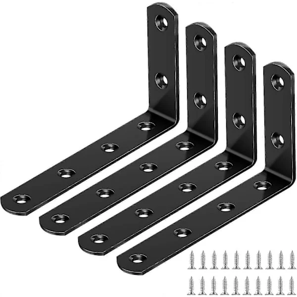 4 pcs Shelf Brackets 125 75mm, Black L-shaped Wall Mounted Shelf Brackets Carbon Steel Wall Shelf Supports with 24 Screws