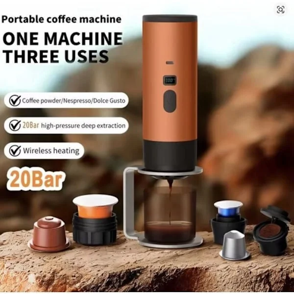 3-i-1 Bärbar Kaffebryggare med Kopp - 1 Kopp - Orange - Påfyllningsbar. Idealisk för resor - 12V espressomaskin för kapsel- och malt kaffe - Camping
