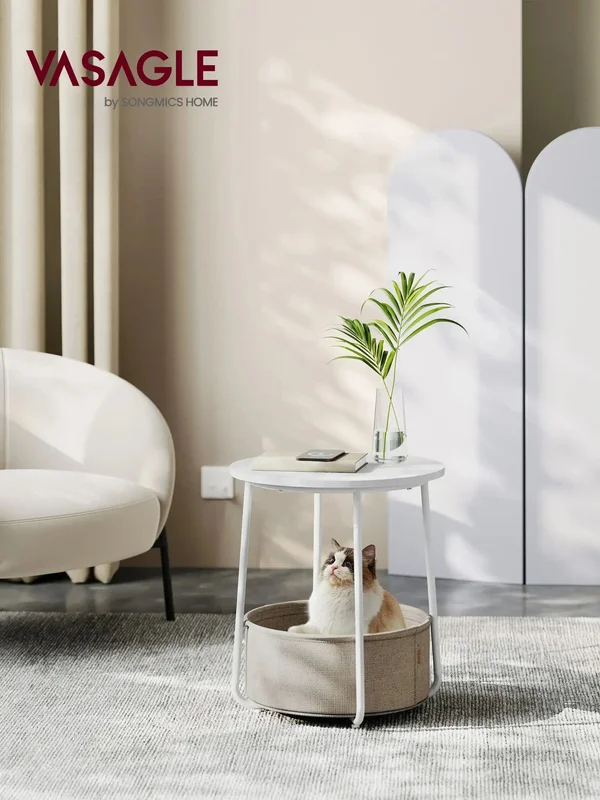 AliExpress - VASAGLE Beistelltisch rund, kleiner Tisch, Couchtisch klein, Wohnzimmertisch mit Korb aus Stoff, Stauraum für Wohnzimmer