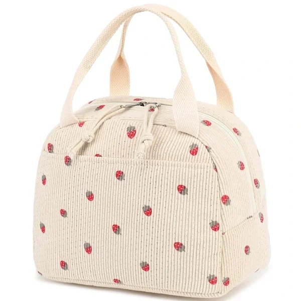 Lunch Bag for Women Men Cute Corduroy Lunch Tote Bags Reusable Insulated Lunch Box Large Capacity Reusable Cooler Bag Corduroy Strawberry