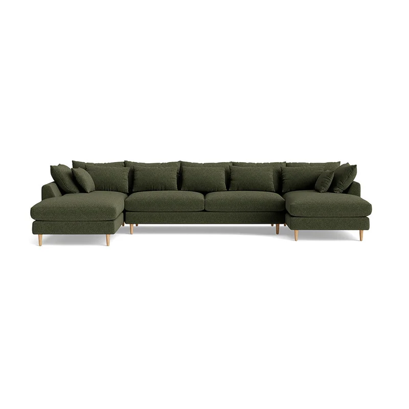 Ofelia Højrevendt U-sofa Boston Grøn med Bløde Puder, God Komfort - 377x210x85cm - Flyder Sofa i Blødt Stof - Stor Model