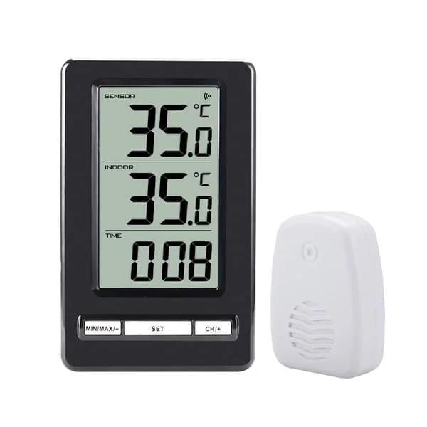 Trådlös väderstation för inomhus/utomhusbruk, termometer/hygrometer med 1 sensor, LCD, bakgrundsbelysning, trådlös överföringsräckvidd