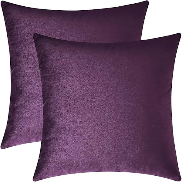 Sett med 2 koselige firkantede pynteputetrekk i fløyel for sofa og seng, lilla, 45 x 45 cm