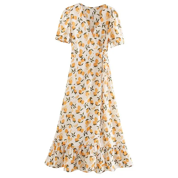 [LCS] Volang Lemon Print Omlottkjol Klänning Lång Kjol