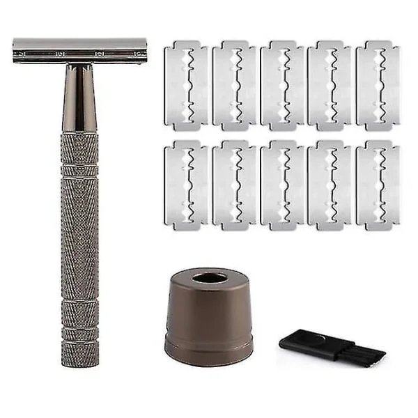 Rosegull barberhøvel Klassisk dobbeltkant barberkniv for menn og kvinner 10 barberblad Svart