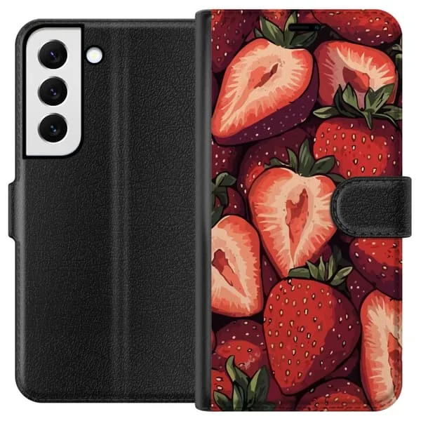 Kompatibel Tegnebogsetui til Samsung Galaxy S22 5G Detaljeret mønster med røde jordbær og grønne blade, perfekt til en sommerlig og frugtagtig følels