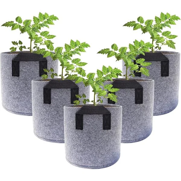 2 Gallon (5 stycken) - Dubbelhandtag, Grå-Icke-vävd Planteringsväskor, Potatisodlingspåse, Rund Planteringsväska, Geotextil Planteringsväska, 