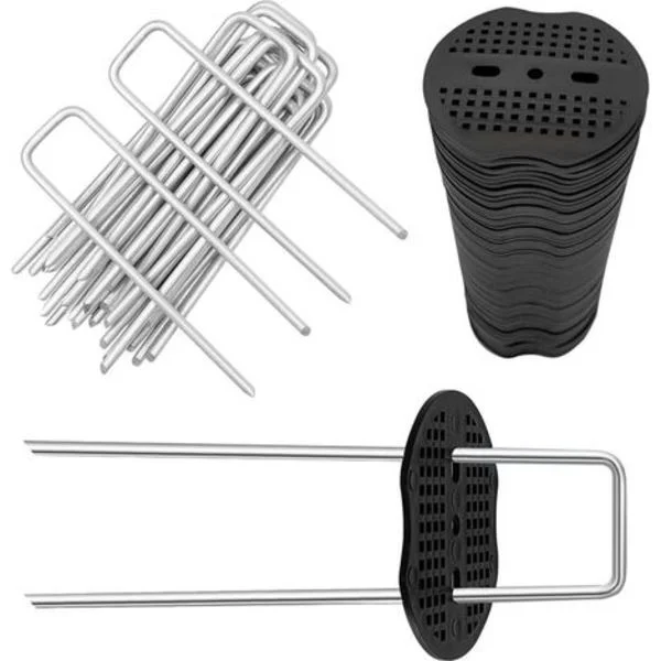 40 U-formede hagestaker med skiver. 150 mm x 40 mm. Ø 5 mm. Festeklammer for ugressduk. Ugressduk (20 STK / 20 skiver)