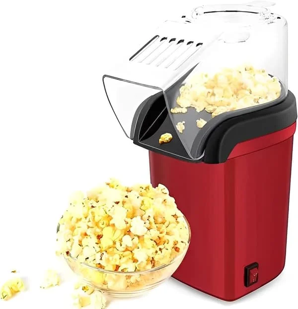 Popcorn-kone kuumalla ilmalla, mukana mittakuppi popcorn-jyvien annosteluun, mahdollistaen itse tehdyt makukustomoinnit.
