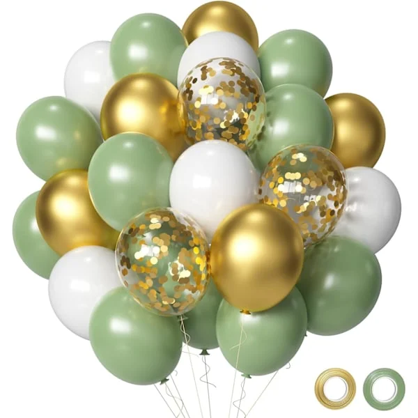Sage Green Gold White Party Balloons, 50 pcs. Sage Green and Gold Confetti Party Balloons for Birthday Baby Shower Engagement Wedding Anniversary