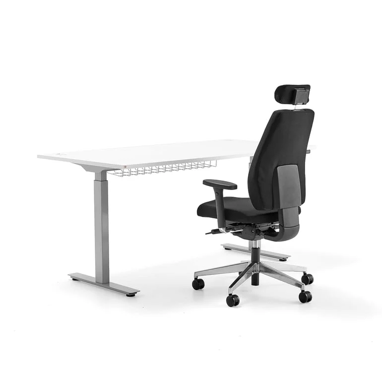 Package deal FLEXUS + WATFORD, 1 silver/white standing desk, 1 black office chair