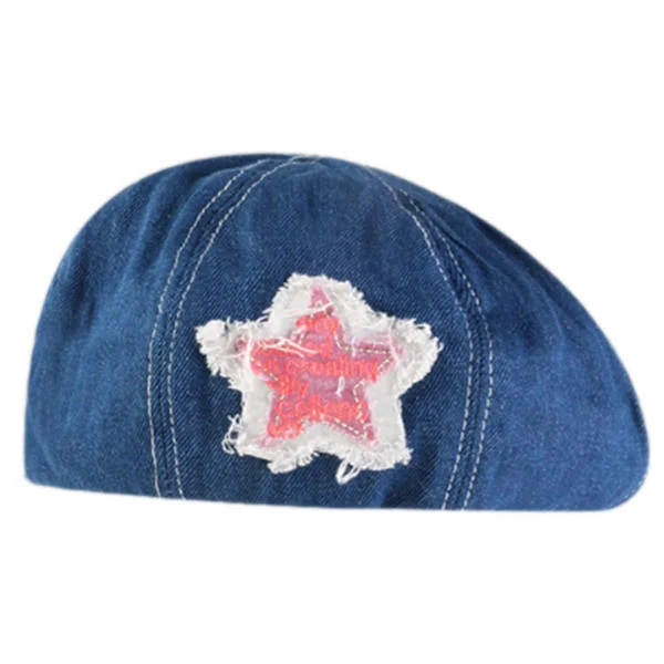 Denim Beret Cabbie Hat med metall sjarm Malerhatt Beret Baker Boy Hat for gatevandring Denim motehatt rekvisitter rosa femspiss stjerne