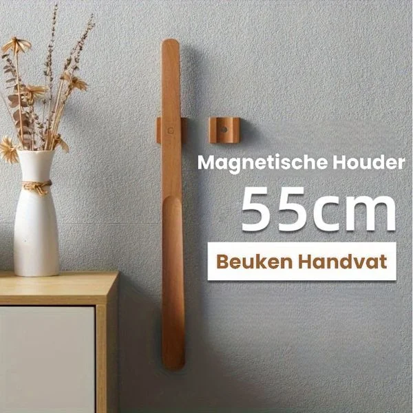 Långt skohorn med magnetisk hållare, 55 cm skohorn i bokträ för seniorer, gravida kvinnor och personer med begränsad rörlighet, naturlig träfärg