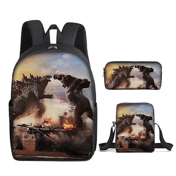 (SC) 3-piece set Godzilla Vs Kong Satchel Printed Backpack School Bag With Pencil Case B
