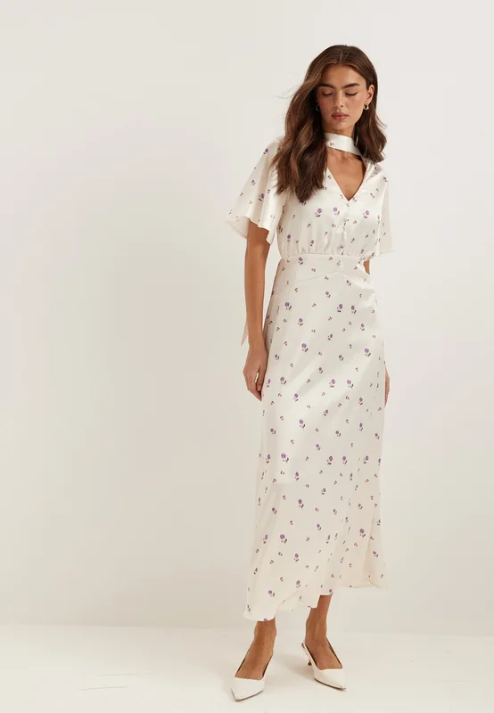 BUBBLEROOM - Satin Scarf Maxi Dress - White/Floral
