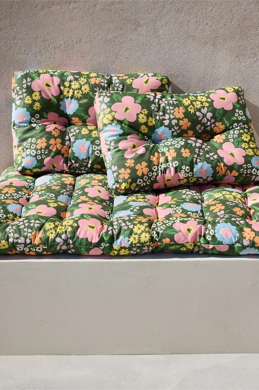 Jotex - Ytbehandlad Sittdyna Lastpall Polyester - Bomull Mörkgrön/multi SUMMER - Köp Stolsdynor & sittkuddar hos Jotex