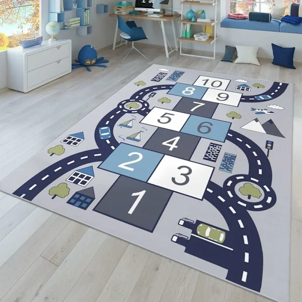 Lastenhuoneen matto Leikkimatto Poika Tyttö Koti Autot Tie, Väri: Harmaa, Koko: 80x160 cm-FF-