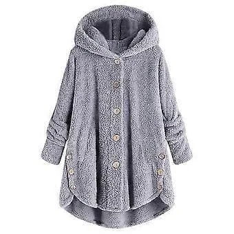 Damejakke Mote Knapper Fluffy Ull Hettejakke Løs Vinter Varm Plus Size (XL Lysegrå)