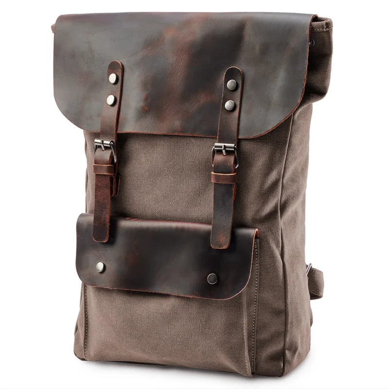 Vintage-Style Light Brown Leather & Canvas Backpack for Men - Backpacks