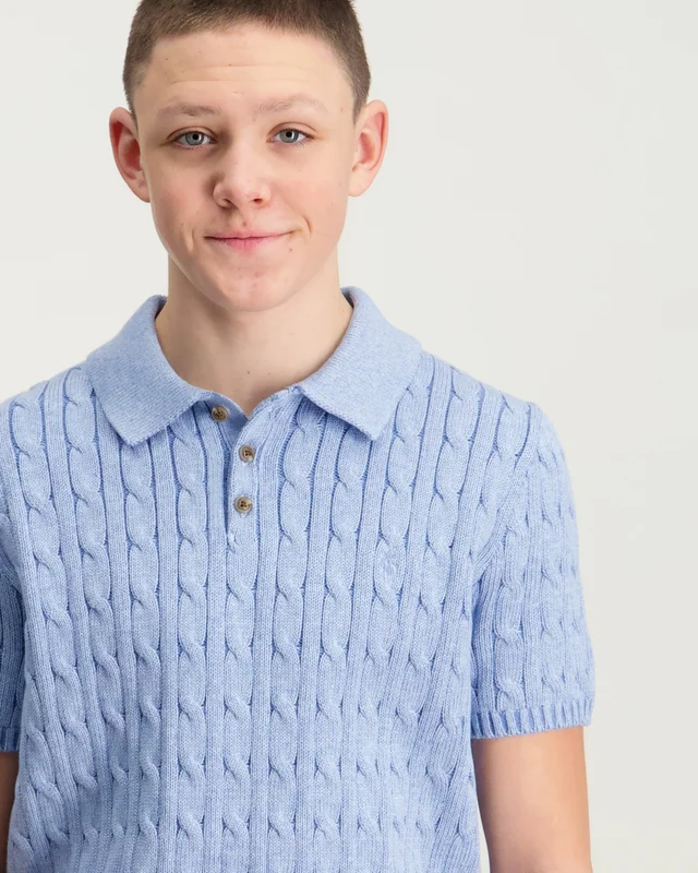 Polo Ralph Lauren Cable-Knit Cotton Polo-Collar Sweater Blå Pique Gutt - Kids Brand Store
