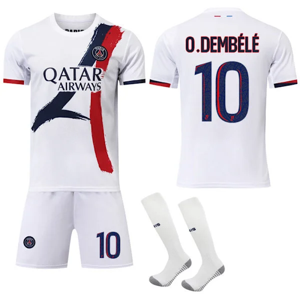 Paris Saint-Germain 2024-2025 Udebanesæt Fodboldudstyr Børn & Voksne Hvid Trøje med Strømper Nr. 10 O.Dembélé Fodbolduniform Sæt 16 Nr. 10 O.Dembélé
