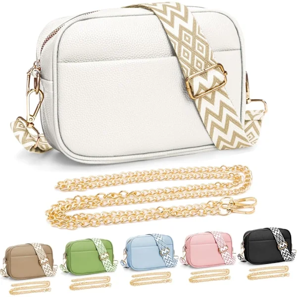 Women's Shoulder Bag, Small Leather Crossbody Bag, Ladies Handbag, Shoulder Bag with Replaceable Wide Guitar Strap, White White