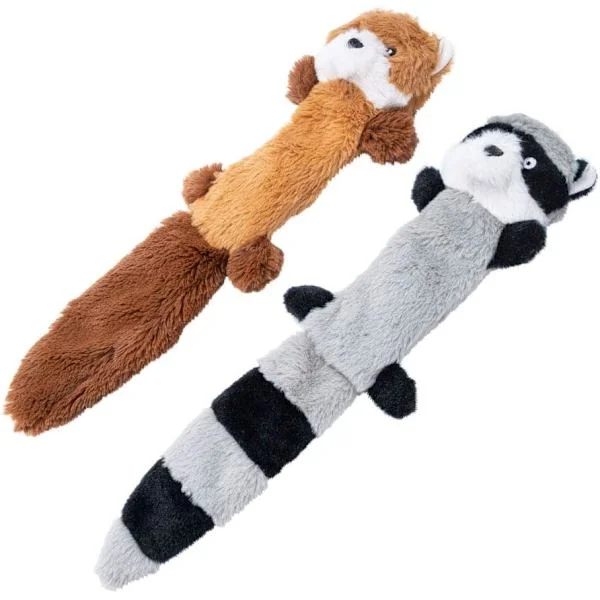2-pack pipande hundplyschleksaker, räv och tvättbjörn gosedjur, valpleksaker