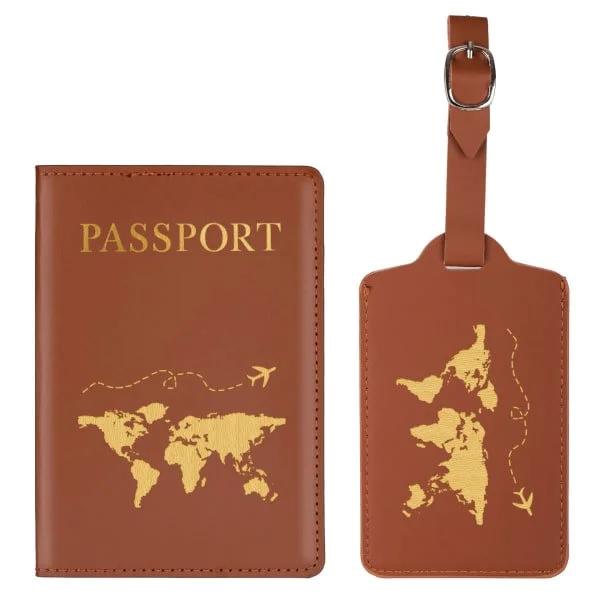 2 Pieces Passport Holder Luggage Tag, Passport Cover and Luggage ID Tag Set for Couples Wedding Party Honeymoon Brown