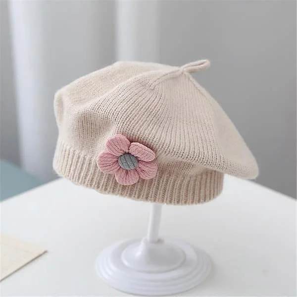 Little Girls Winter Warm French Beret Hats with Flowers Toddler Baby Kids Bonnet Hat Knitted Wool Artist Painter Cap