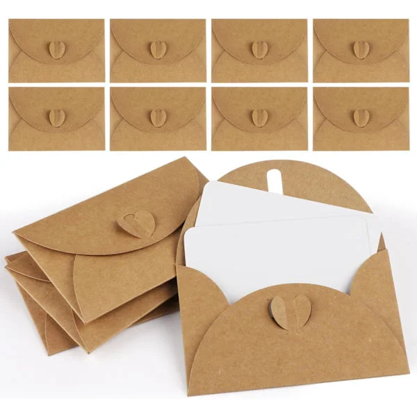 25 minikuvert med kort Vintage minikuvert i kraftpapper Tomma kort Små kuvert med hjärtförslutning