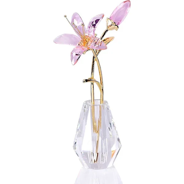 Crystal Flower Figurine Lily Flower Collectible Gifts for Women, Glass Lilium with Crystal Vase Metal Stem for Home Wedding Party Decor Pink