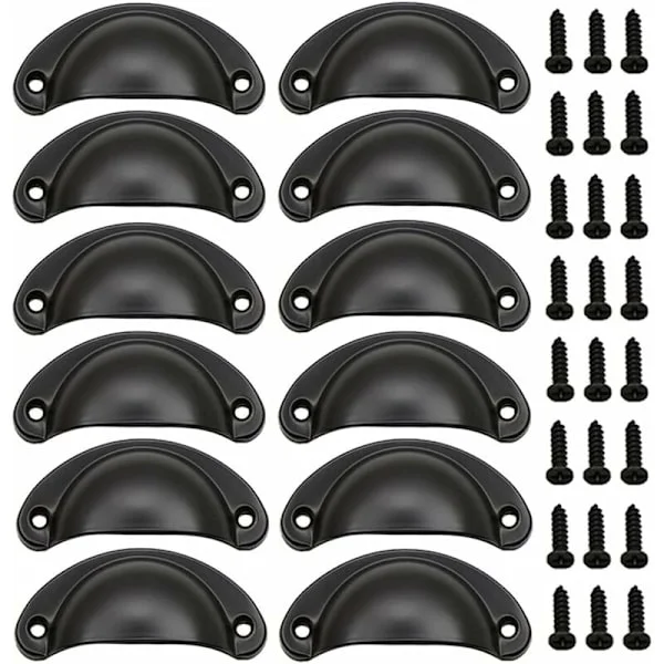 12 stycken skalhandtag, retro dörrhandtag, traditionella halvmåneformade möbelhandtag med skruvar, för låda, skåp, byrå (svart)
