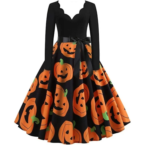 Naisten Halloween-juhlamekko, 50-luvun retro Halloween vintage Rockabilly sydämenmuotoinen pääntie pitkähihainen A-linjainen cocktailjuhla swing-mekko