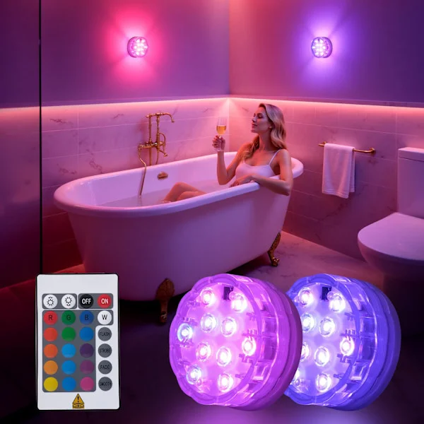 Trådlös LED-duschlampa med fjärrkontroll, vattentät RGB-färgskiftande lampa för badrum och badkar, batteridriven stämningsbelysning
