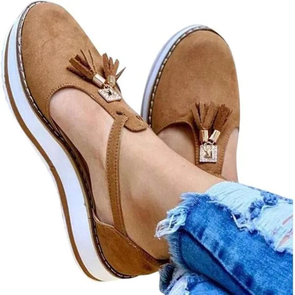 (Brown US 5) Women's Leather Tassel Closed Toe Platform Sandals Adjustable Buckle Ankle Strap Non-Slip Comfortable