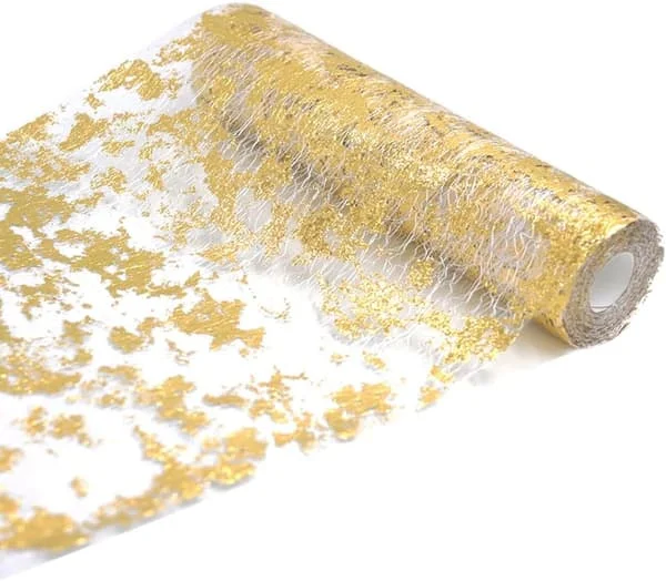 5M Gold Metallic Table Runner, 28cm Width Gold Foil Tablecloth, Gift Floral DIY Wrapping Ribbon For Birthday Party Wedding Christmas