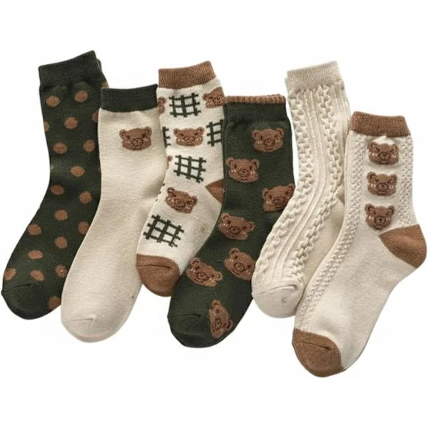 Cute Socks 6 Pairs Kawaii Bear Socks Preppy Japanese Vintage Ruffle Ankle Socks for Women Cute Bear Kawaii Women Ankle Funny