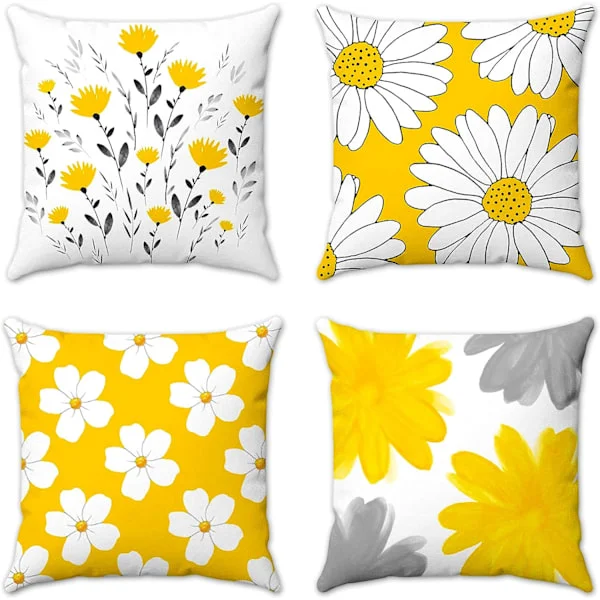 Utendørs putetrekk Gult sennep Blomster Daisy Hageputer Sett med 4 putetrekk Hjemmedekorativt for sofa Stue Utendørs Grå Flo