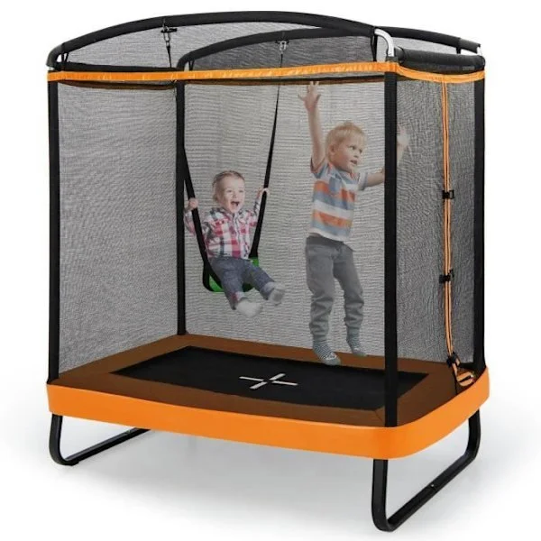 COSTWAY studsmatta för barn rektangulär 190x122cm 3 i 1 med gunga, horisontell stång-40 galvaniserade fjädrar 100 kg-gul