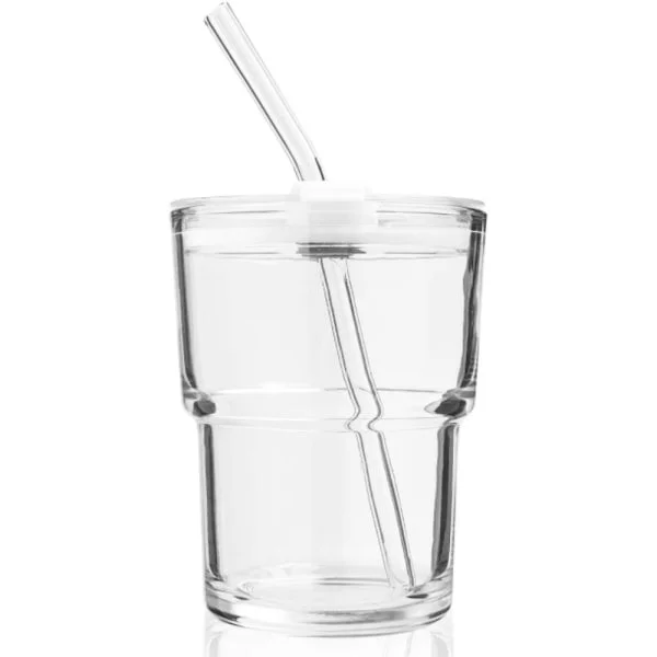 400 ml drikkeglass i glass, glass kaffekrus med sugerør og lokk