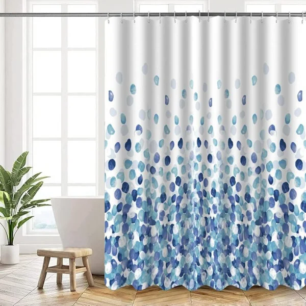 Maskinvaskbart polyester badeforhæng 180x200 cm med vægtet kant og 12 kroge, badeforhæng til badeværelset, blåt boblemønster