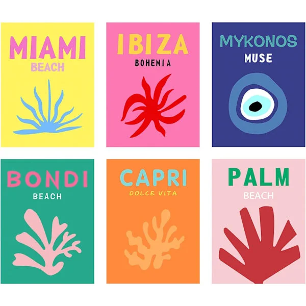 Set med 6 canvastavlor - Visa affisch på väggen, färgglad minimalistisk konst för dekoration, estetik, resebilder