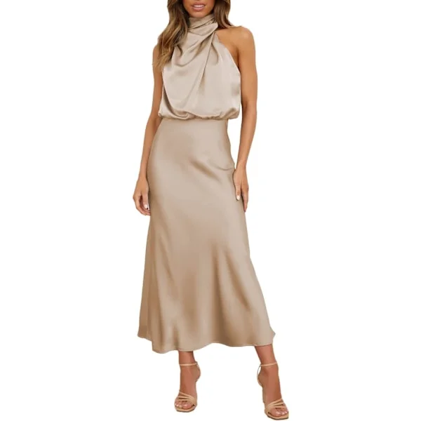 Sexy Kort Satin Kjole til Kvinder, Sommerlig Formel Lang Kjole, Mock Neck, Ærmeløs, Slids i Siden, Flydende Ærmeløs Maxi Skørter, Elegante Kvinders 