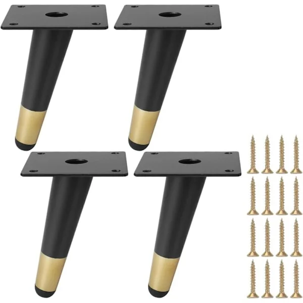 Sett med 4 møbelben i metall, 30 cm vinklede koniske skapben, svarte og gullfargede erstatningsben for møbler, bord, sofaer, stoler, skap og senger