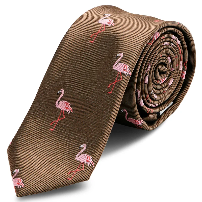 Corbata estrecha marrón con flamencos rosas para hombres - Corbatas estrechas