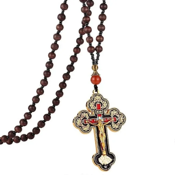 Religiøst rosenkrans-halskjede med treperler, ortodoks stort krusifiks Jesus-kors anheng-halskjede for menn kvinner bønnesmykker