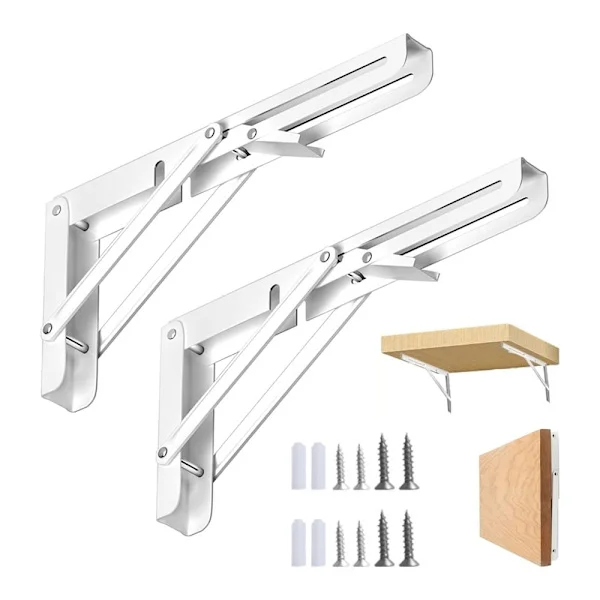 2-pack vikbara konsoler, 350 mm vikbar konsol, vikbar hyllkonsol i rostfritt stål, vit hyllkonsol för arbetsbänk